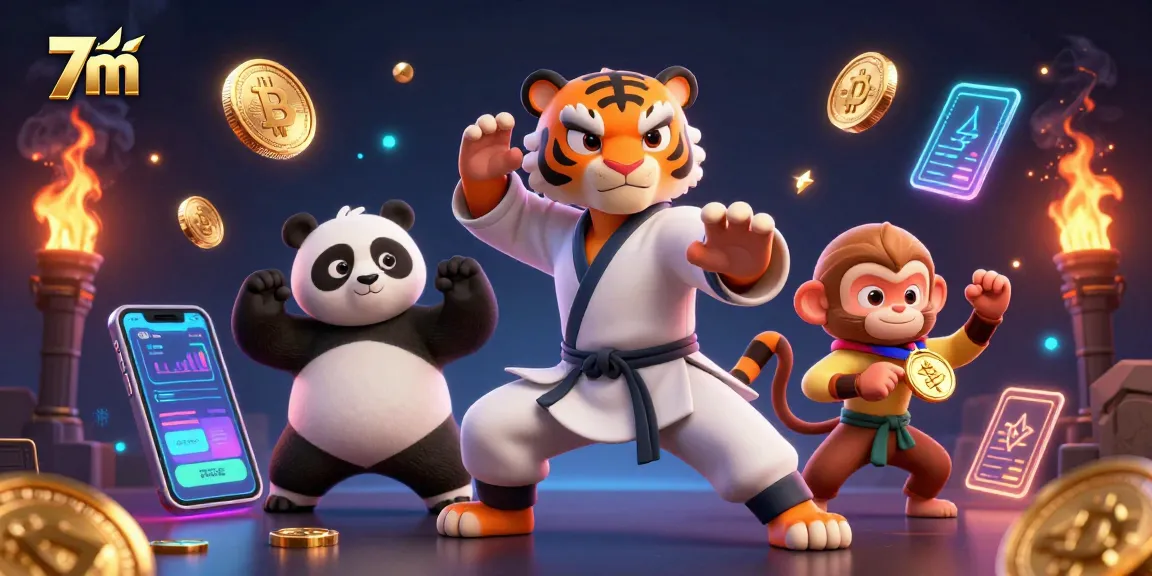 Engage with 7m's vibrant casino action featuring a kung fu tiger amidst cryptocurrencies and dynamic game elements.