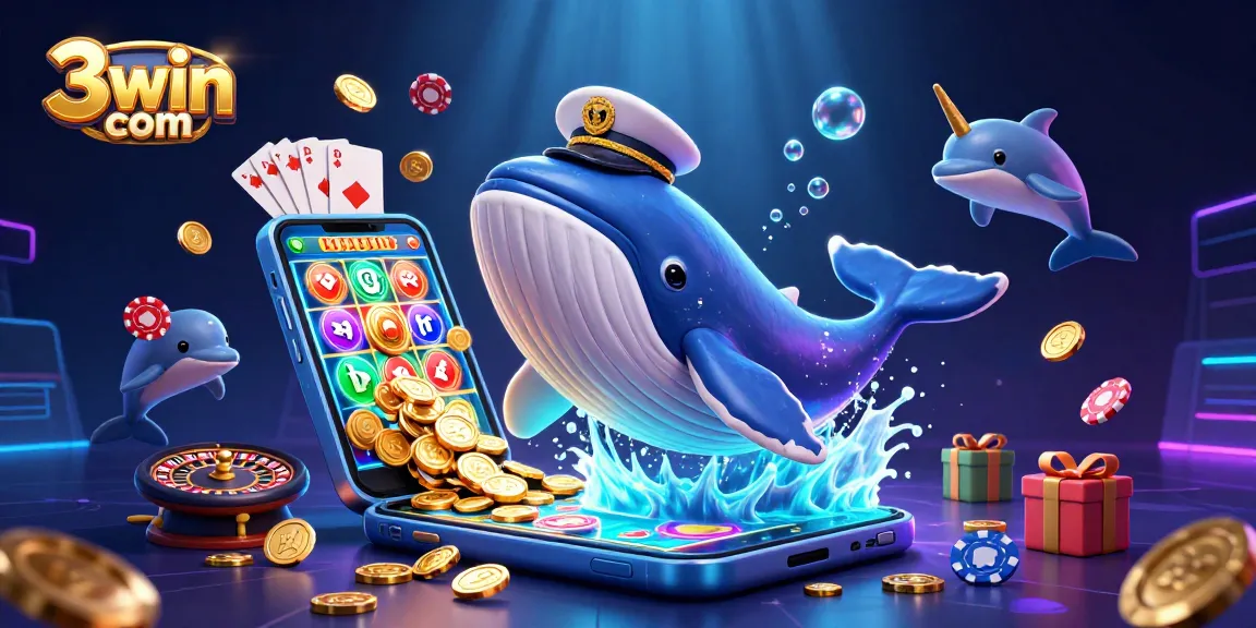 Play and win at 3win com with a whale captain and playful dolphins in a vibrant casino scene.