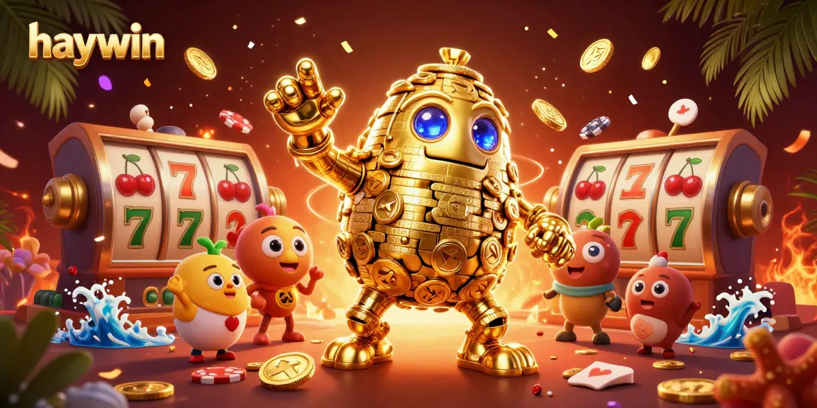 Experience the thrill of slots with haywin's golden golem in a vibrant casino scene.