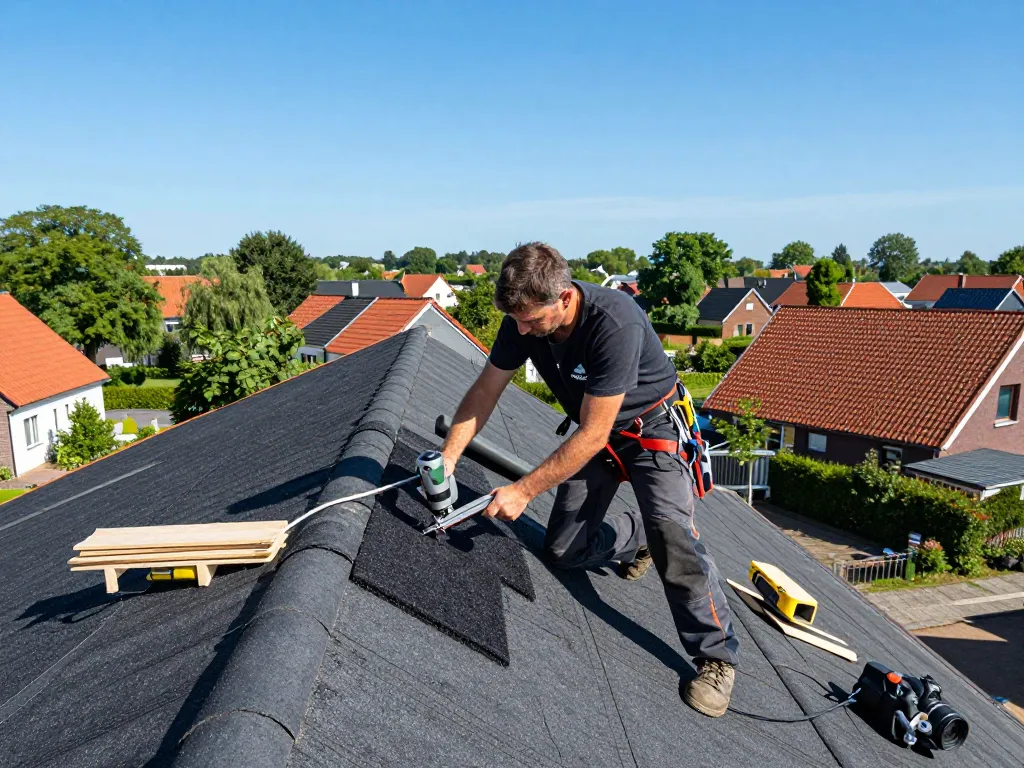 Ervaren dakdekker uit Hoevelaken die werkt aan een nieuwe bitumen dakinstallatie, en vakmanschap en professionele gereedschappen toont.