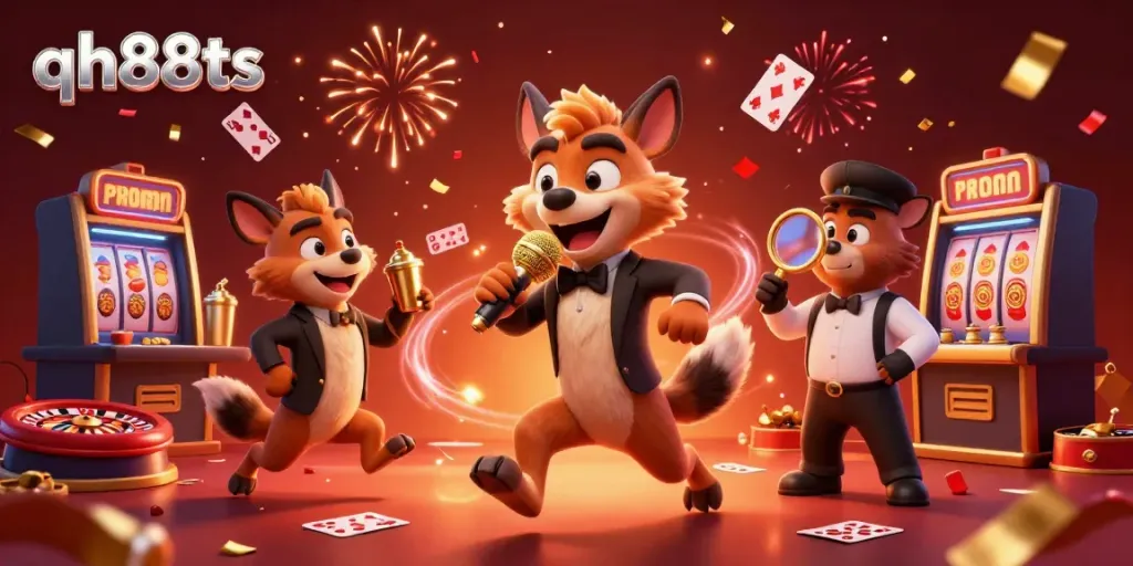 Experience qh88ts in a vibrant casino scene with hyenas, cocktails, and floating poker cards.