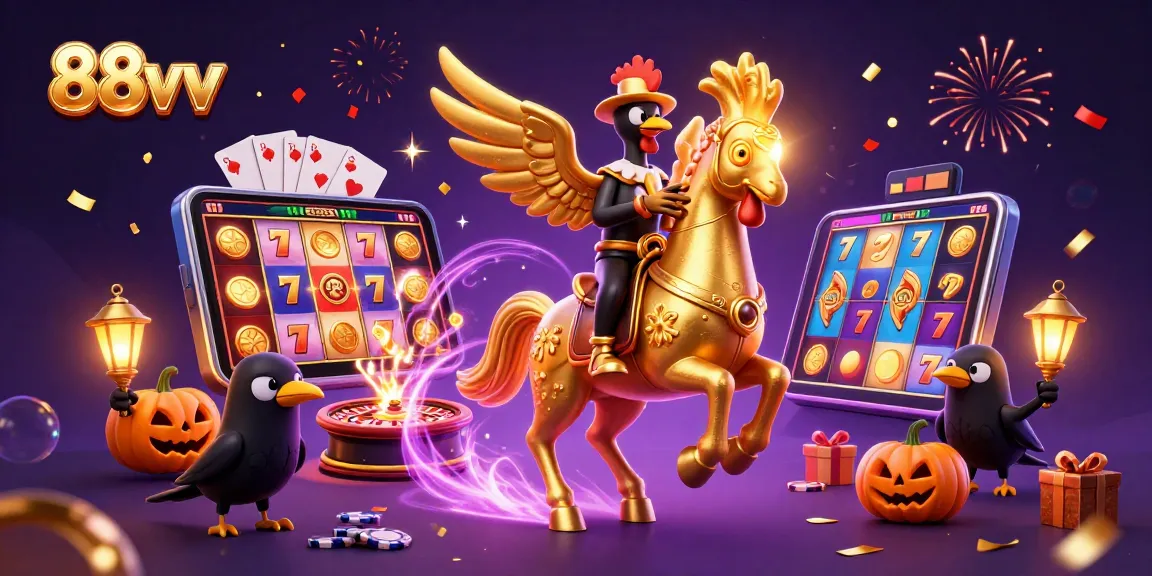Experience thrilling wins with 88vv in a vibrant casino scene featuring a golden rooster and magical elements.