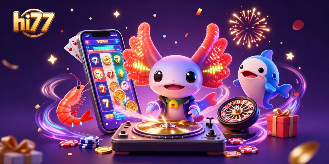 Experience the excitement of hi77 with neon Axolotl DJ, slot games, and dynamic underwater fun.