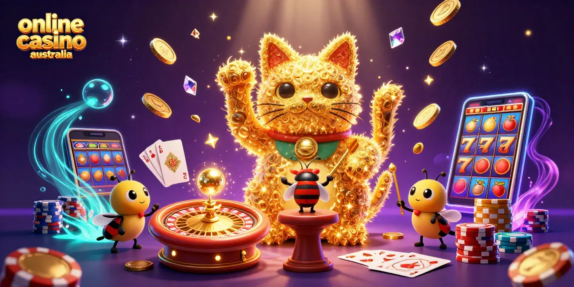 Experience the excitement of online casino Australia with a vibrant 3D lucky cat and casino elements.