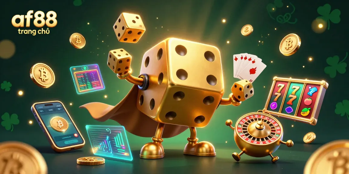 Engage with af88 trang chủ showcasing vibrant casino elements and dynamic golden dice characters.