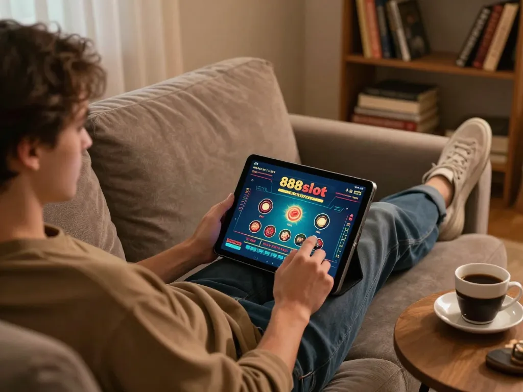 Engaging with the 888slot trang chủ interface for live dealer games on a cozy sofa.