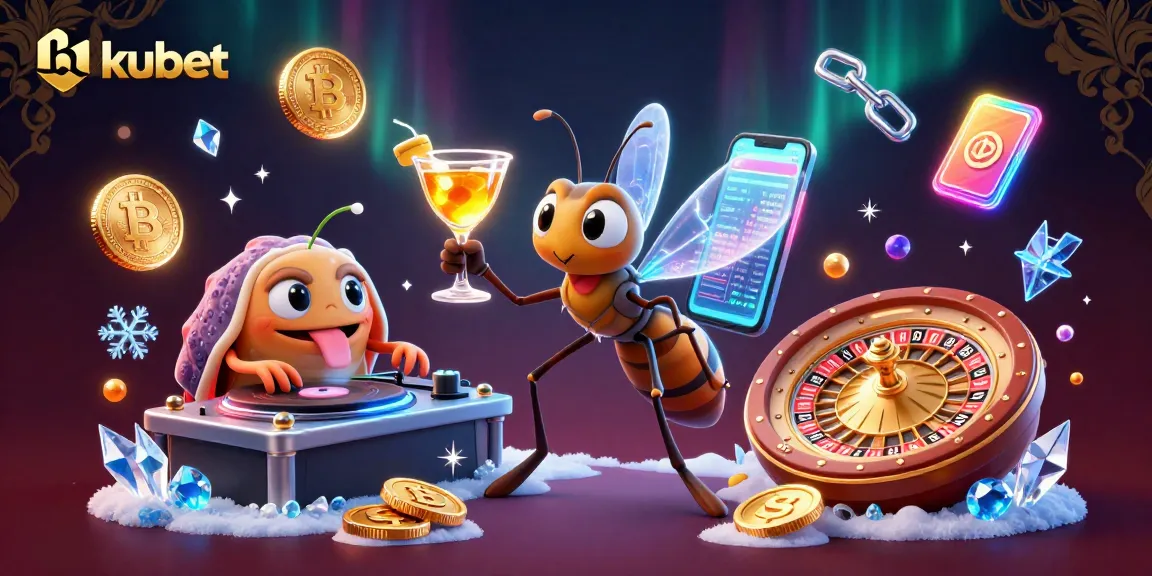 Kubet casino illustration with a mosquito mascot, trilobite DJ, and ammonite roulette wheel, showcasing exciting gameplay.