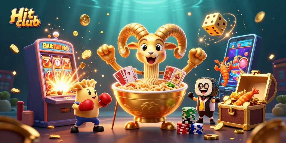 Experience exciting gaming at Hit club with vibrant slot machines and dynamic characters in this lively 3D illustration.