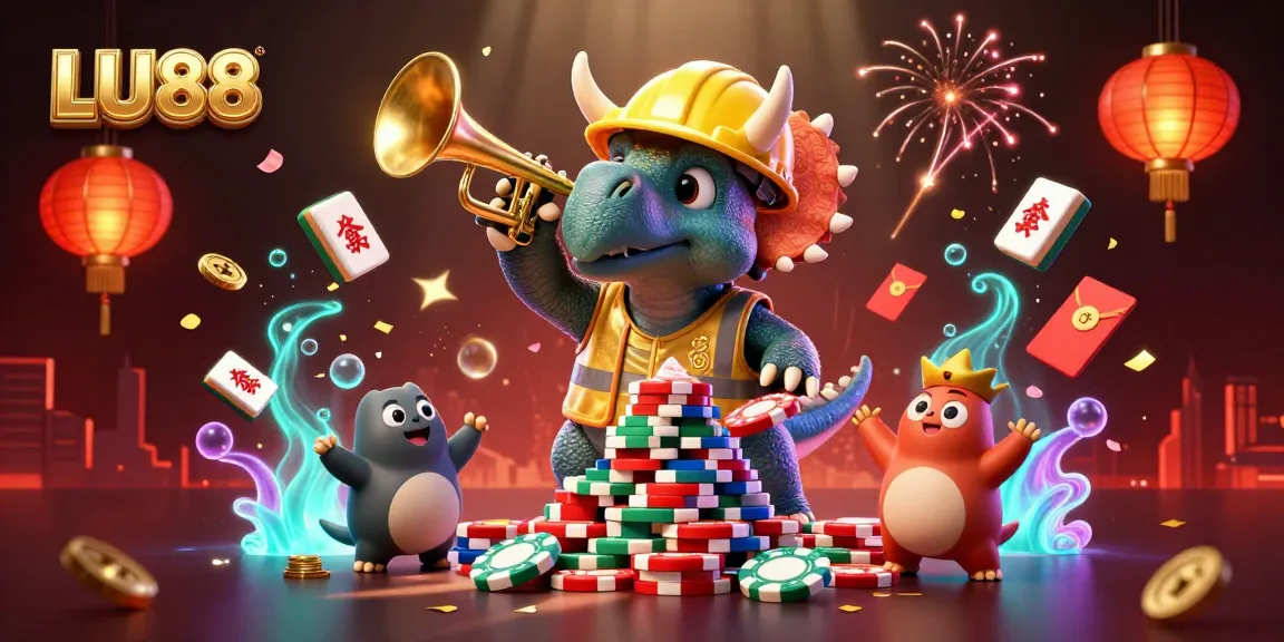 LU88 offers exciting gaming fun, featuring a vibrant 3D triceratops and colorful casino elements.