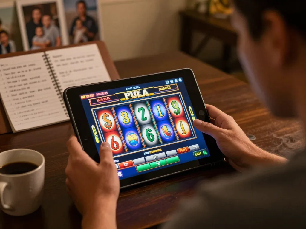 Engaged player enjoying slot pulsa gameplay on a tablet in a cozy setting.