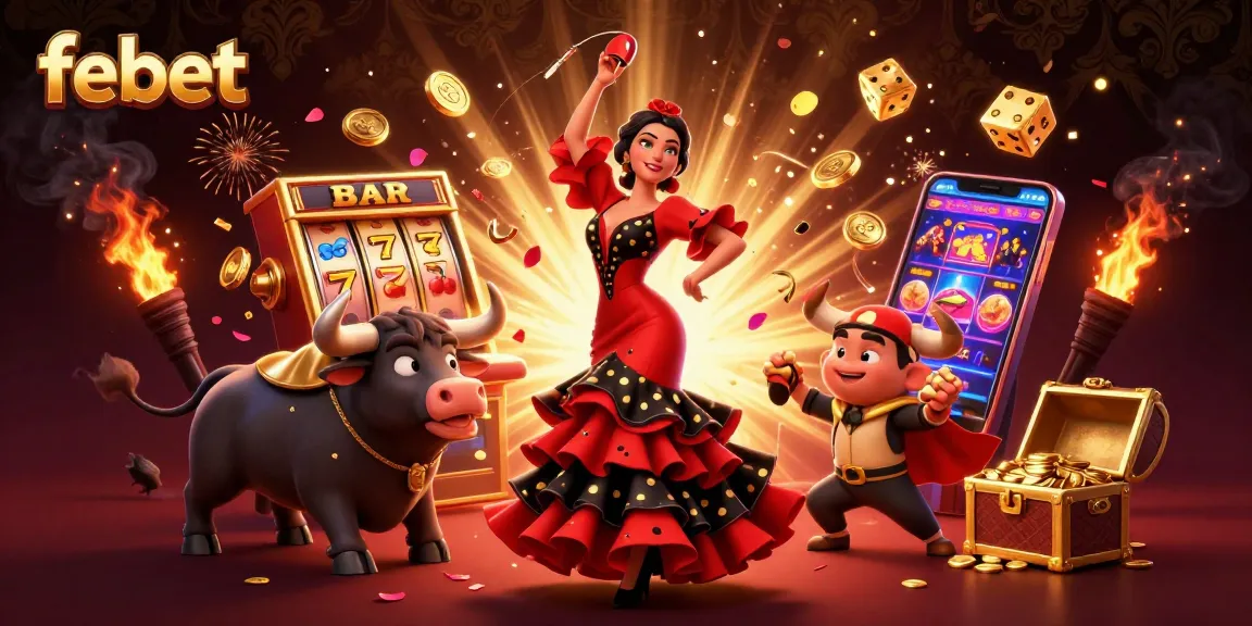 Join the excitement at febet casino with a vibrant illustration of a flamenco dancer and a lucky bull.