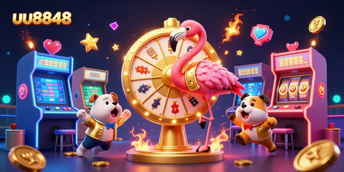 Excited bulldog contestant spins the uu8848 prize wheel in this vibrant casino scene.