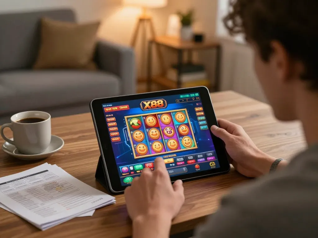 X88 player strategizing on tablet for online casino gaming at home, showcasing dynamic gameplay.