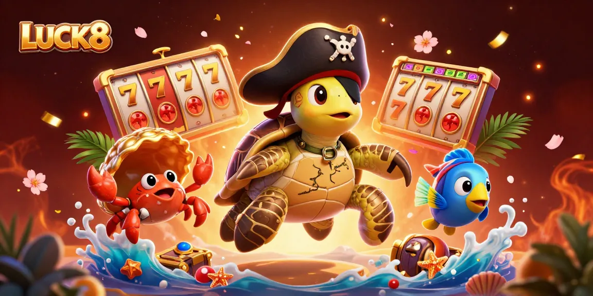 LUCK8 players enjoy floating slot reels with vibrant characters in an exciting casino scene.
