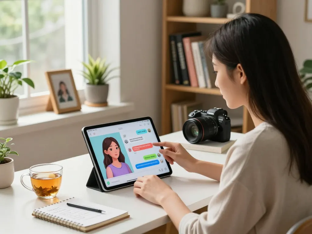 Young woman chats with her AI girlfriend on a tablet in a cozy home office, showcasing emotional connection.
