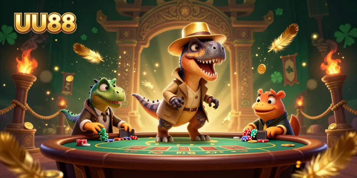 UU88 velociraptor card counter at a blackjack table with casino elements, engaging players dynamically.