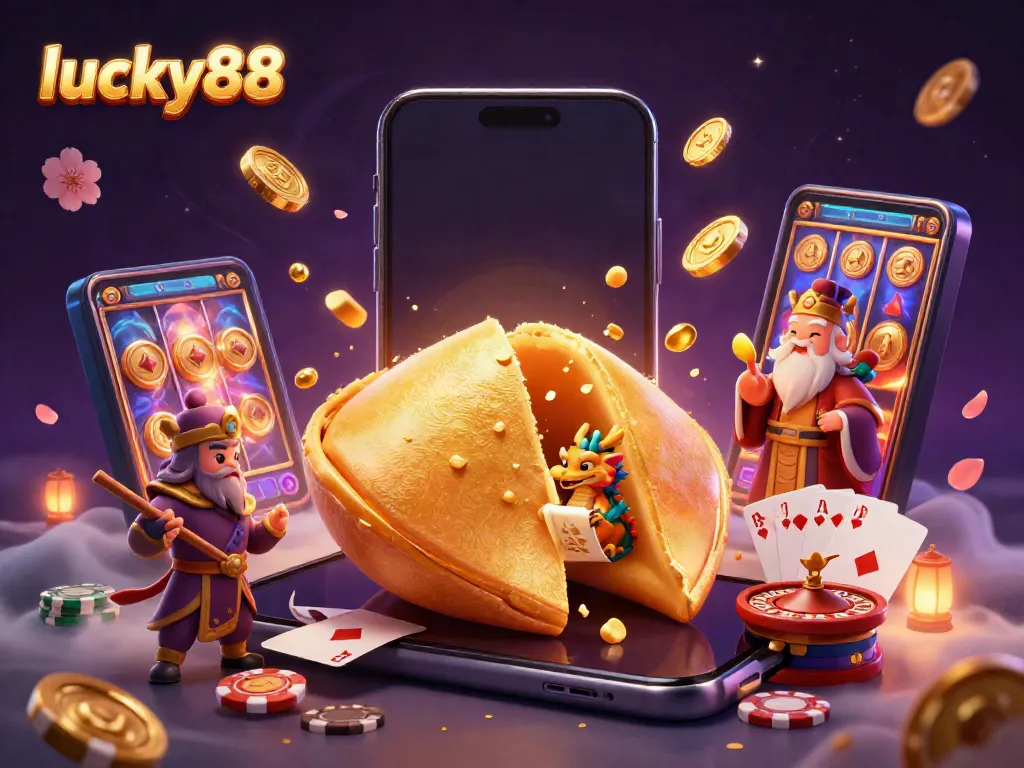 Experience thrilling lucky88 wins as golden fortune cookies open with dragons and slot games, perfect for casino enthusiasts.