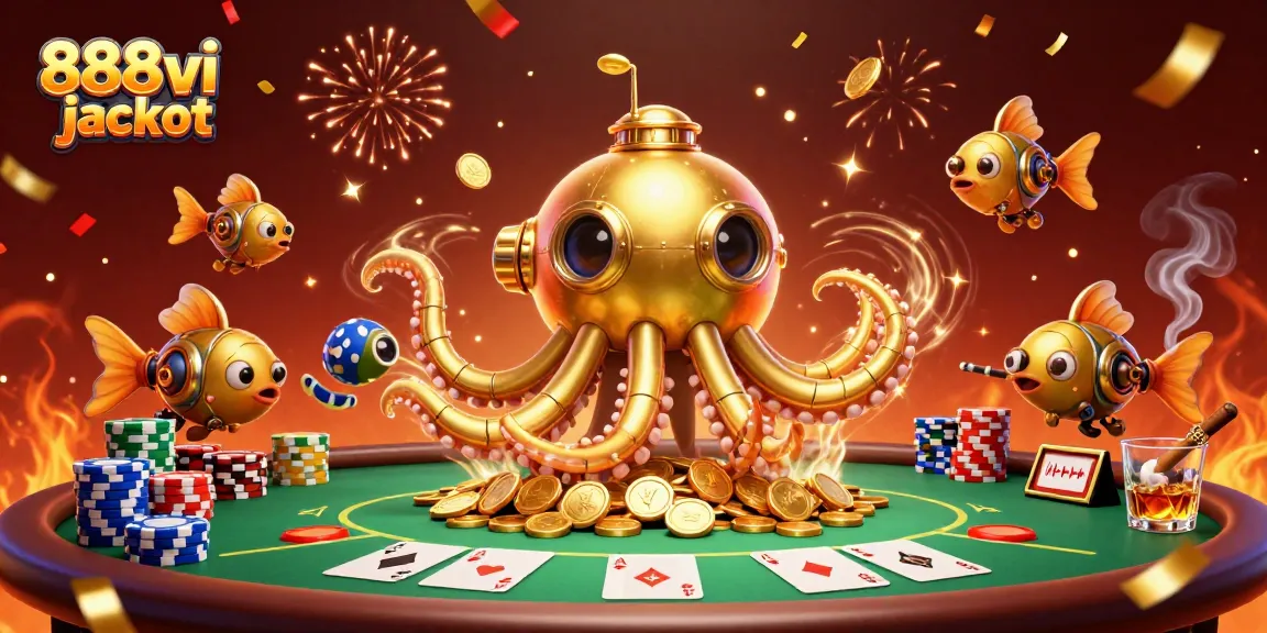 Engaging scene depicting 888vi jackpot excitement with a golden kraken submarine and poker elements.