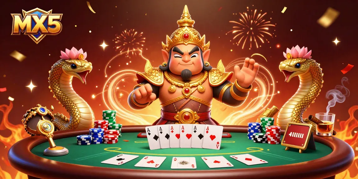 Engage with thrilling poker action at MX5 surrounded by lively characters and colorful gaming elements.