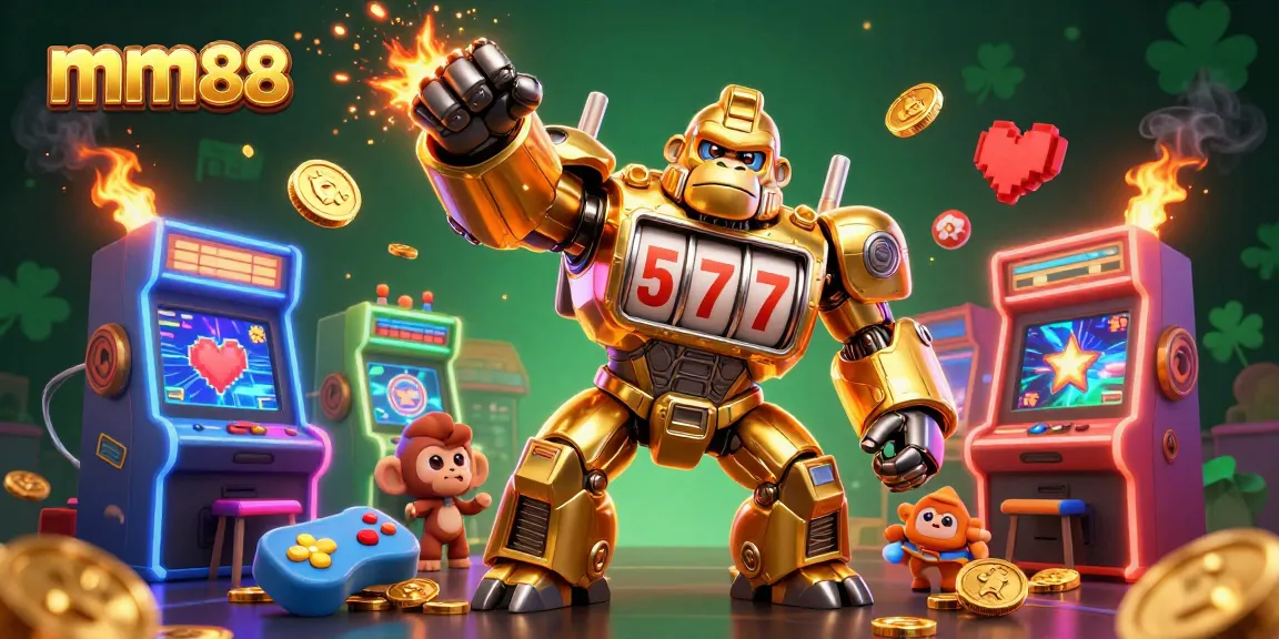 Enhance your gaming with mm88, featuring a golden gorilla mech and vibrant casino elements.