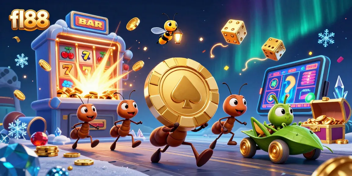 Experience thrilling action at fl88 with cartoon ants heisting a giant poker chip amidst casino chaos.