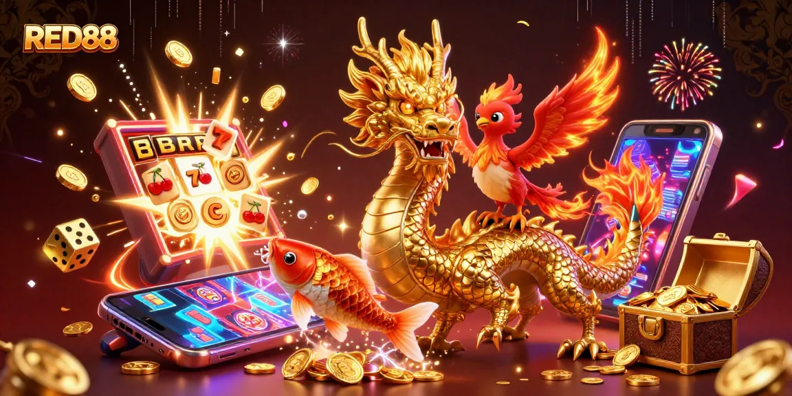 Experience the excitement of RED88 with a golden dragon, lucky koi, and thrilling slot machines.