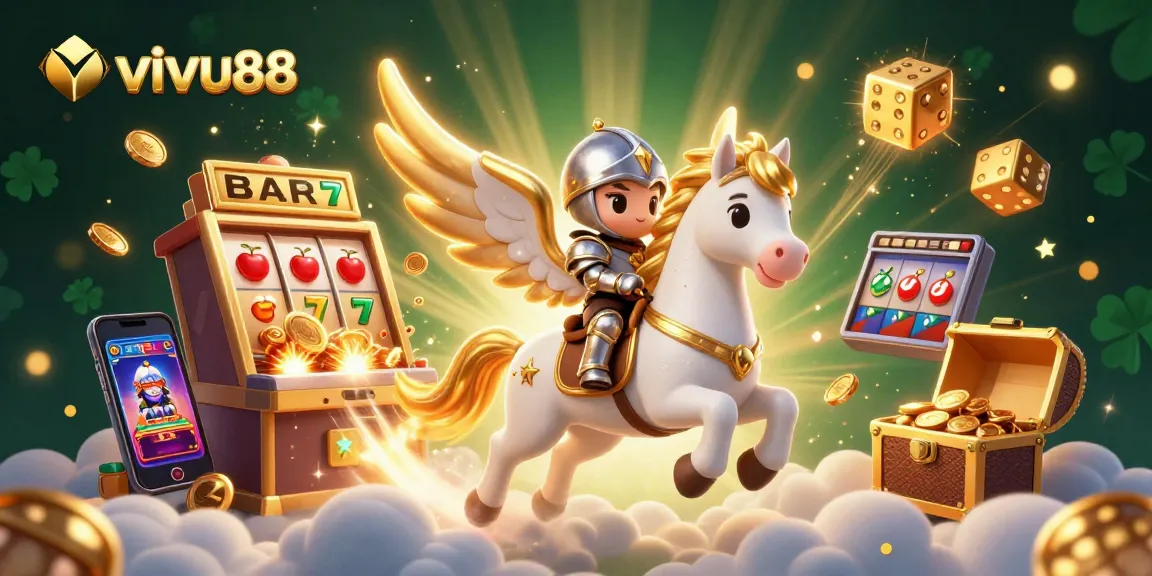 Experience thrilling action at vivu88 with a victorious knight and celestial horse amidst casino excitement.
