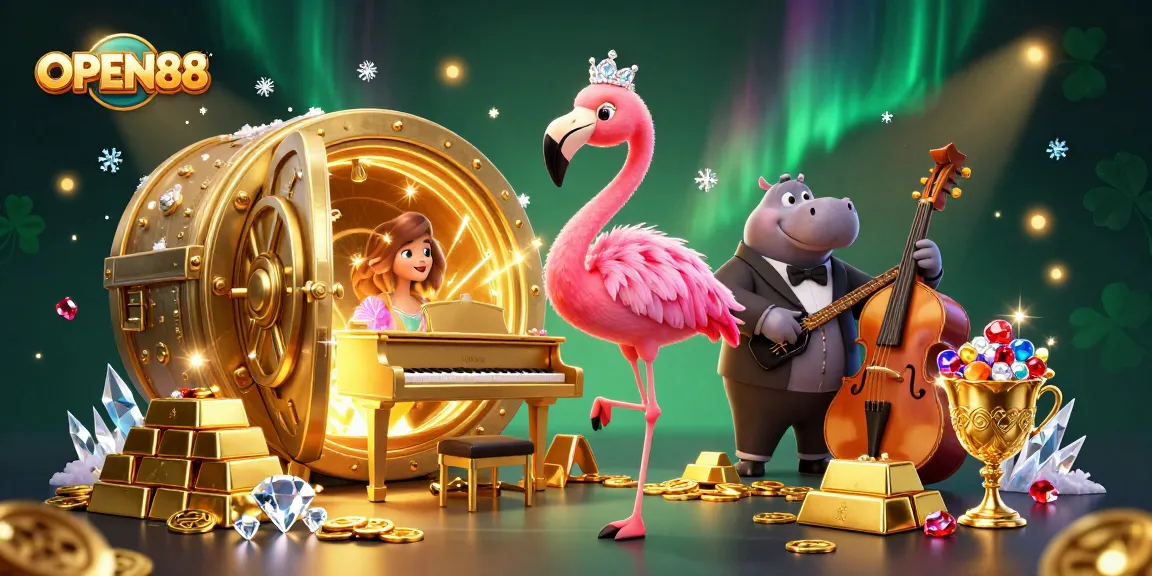 Join the excitement at OPEN88, showcasing a lively casino atmosphere featuring extravagant games and vibrant characters.