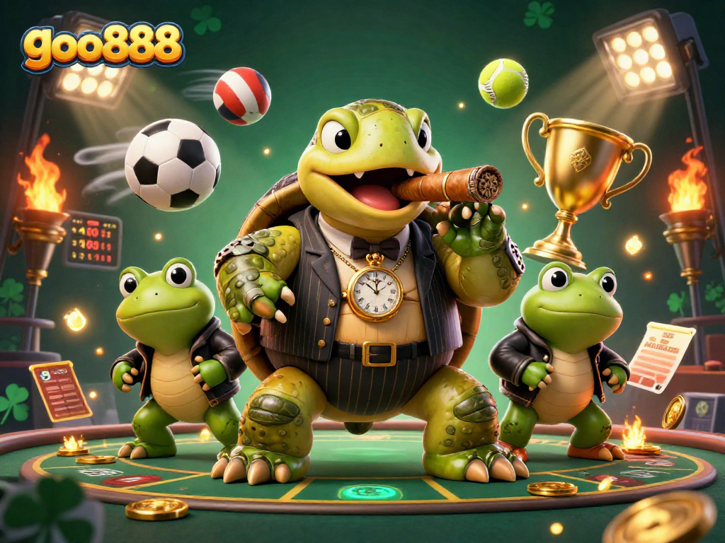 Experience thrilling action with goo888 in this vibrant casino scene featuring a snapping turtle and bullfrog enforcers.