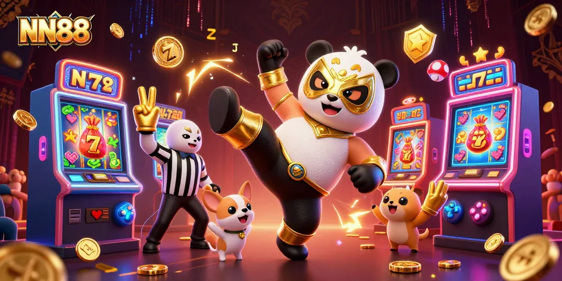 NN88 casino scene with vibrant slot machines and dynamic characters, showcasing exciting gameplay elements.