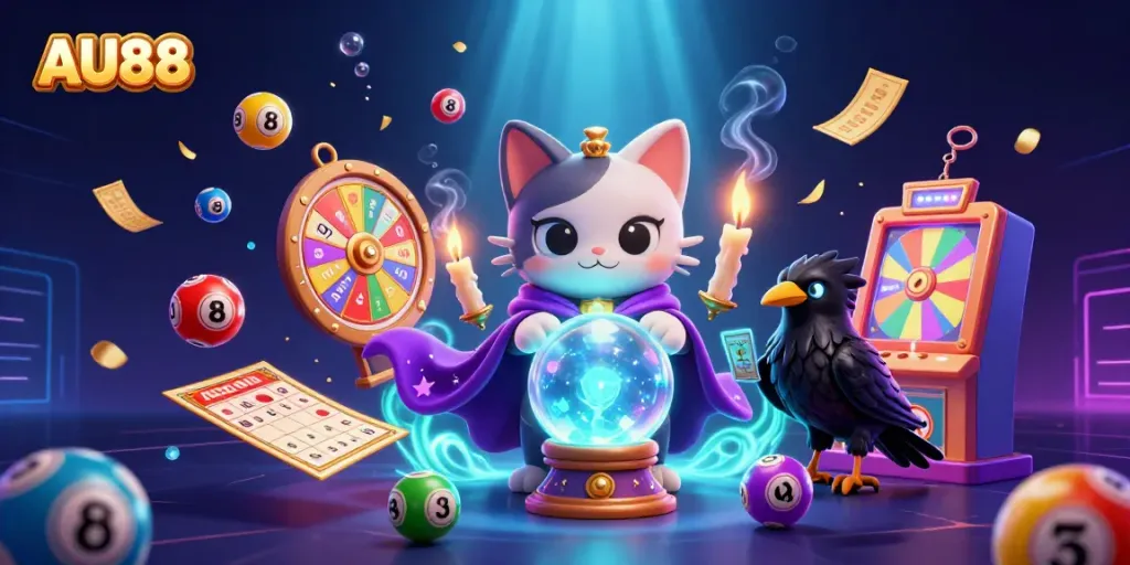 Engage in exciting gameplay at AU88 with a vibrant lottery and gaming scene featuring mystical characters.