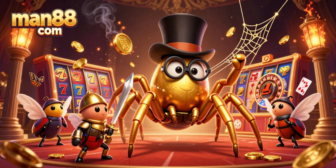 Engage with man88 com's thrilling casino experience featuring a golden tarantula and brave knight.