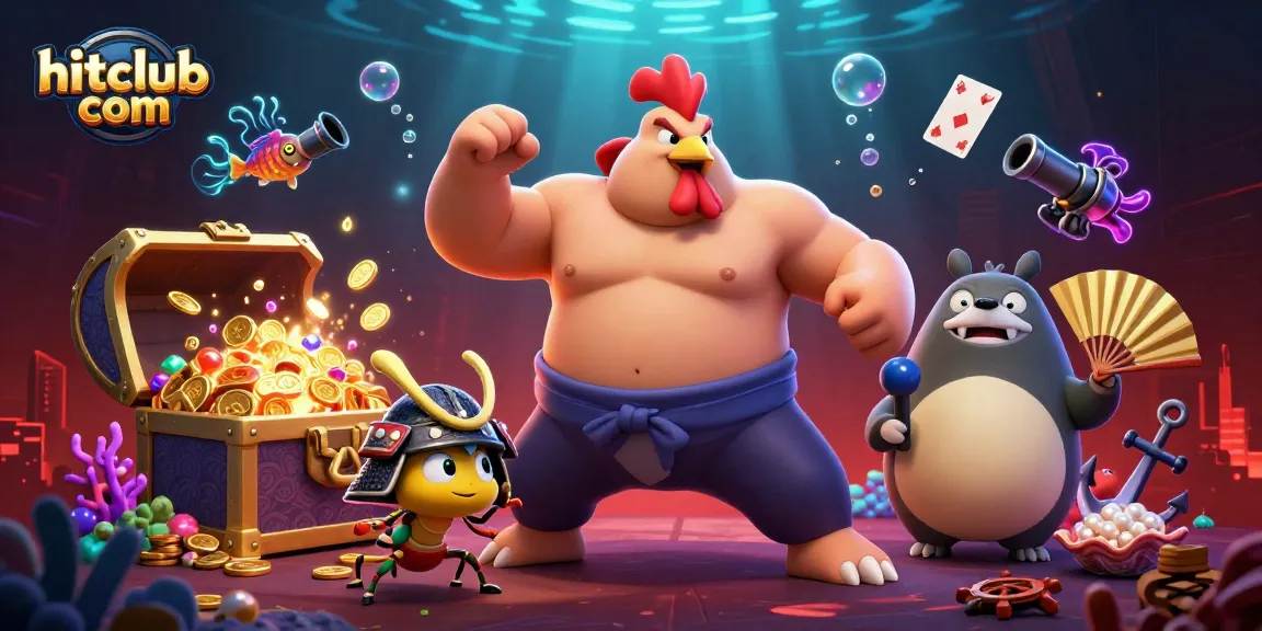Engage in thrilling gameplay at hitclub com with a vibrant 3D casino scene featuring sumo rooster and samurai cricket.