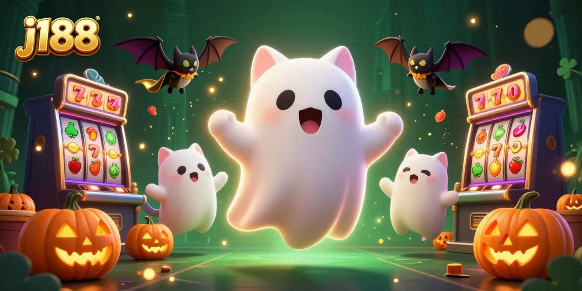 Engage with j188's thrilling haunted casino through a ghost cat and vampire bat in this dynamic illustration.
