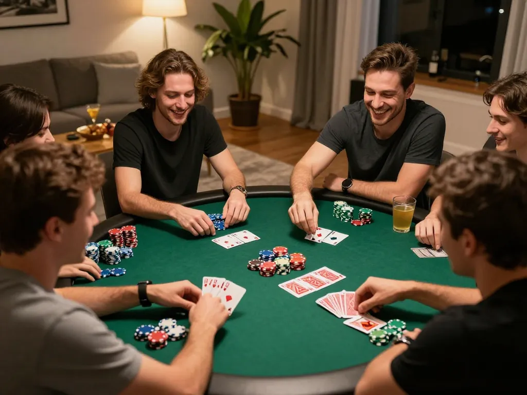 Friends enjoying card gameplay with strategic moments at poker night at home, highlighting uk88in.