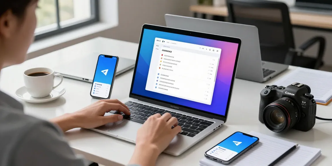 Customizing Telegram中文 settings in a modern workspace with gadgets and bright lighting.