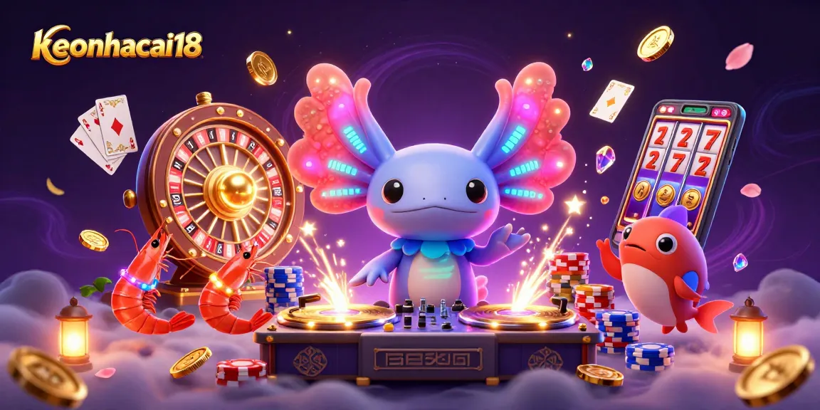 Engage with keonhacai18 as a vibrant axolotl DJ mixes winning slots and casino games.