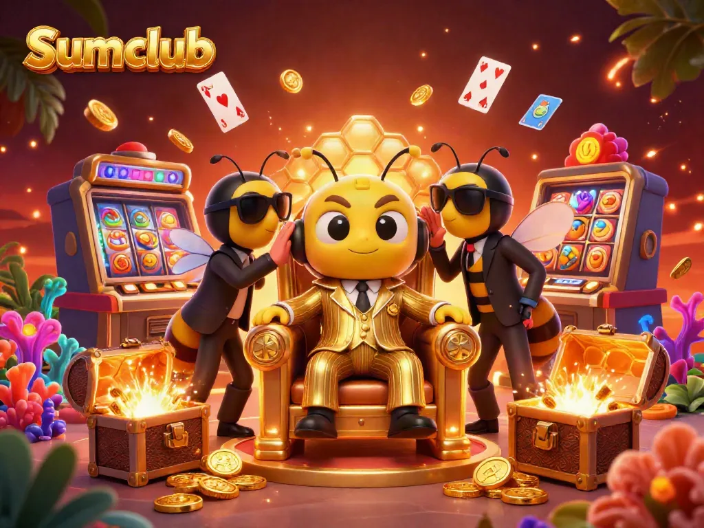 Engage with exciting games and bonuses at Sumclub, featuring a lively illustration of gambling elements and characters.