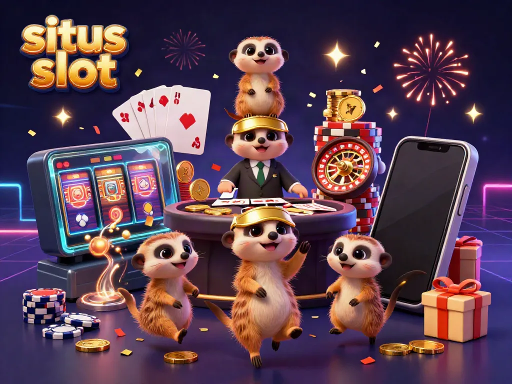 Experience the excitement of situs slot with meerkats running a vibrant casino scene filled with action and games.