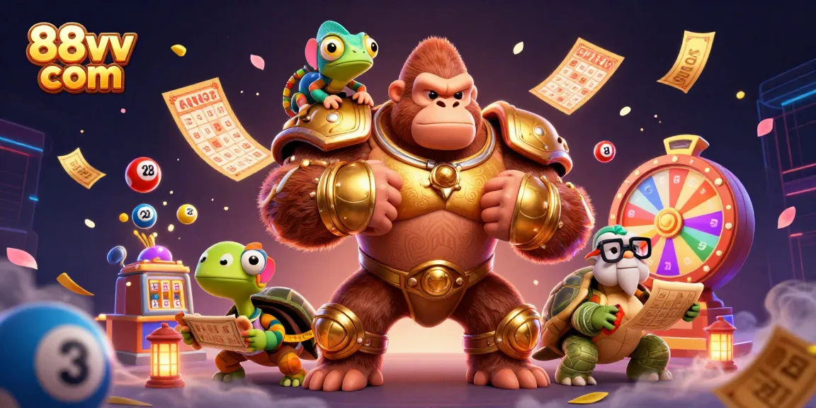 Engage with thrilling 88vv com gaming experience featuring a powerful gorilla and vibrant casino elements.