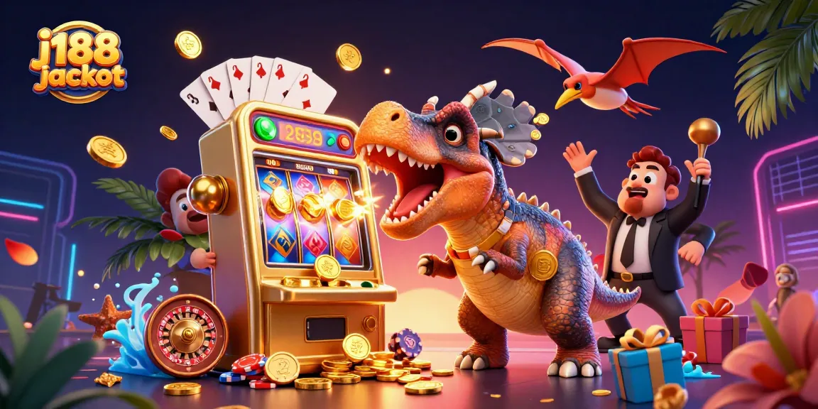 Experience the thrilling j188 jackpot with vibrant characters around a golden slot machine.