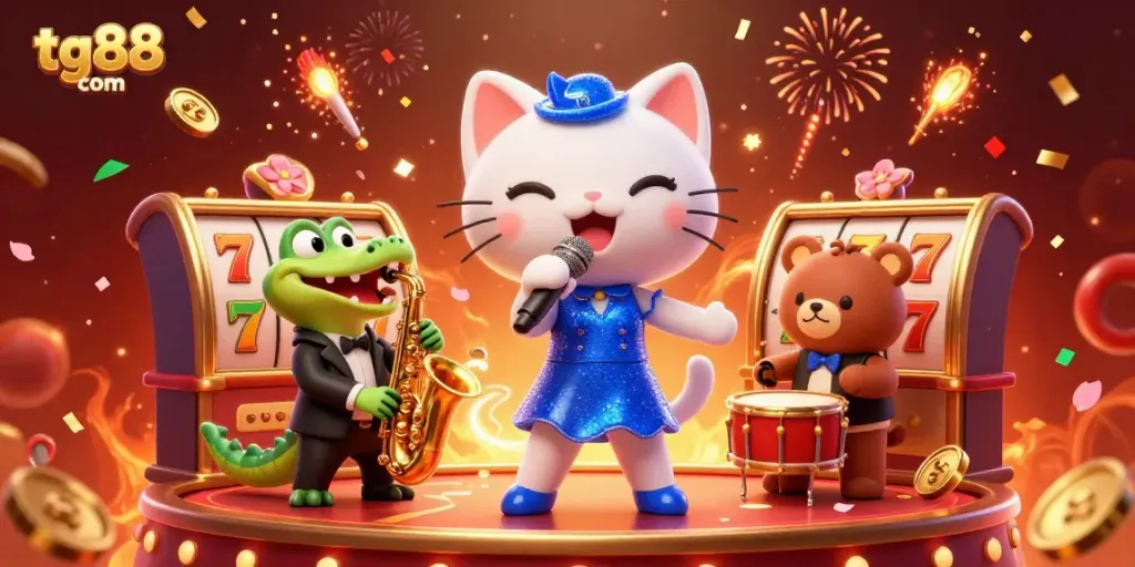 Enjoy thrilling slots at tg88 com with a jazz-singer cat and friends in a lively casino scene.