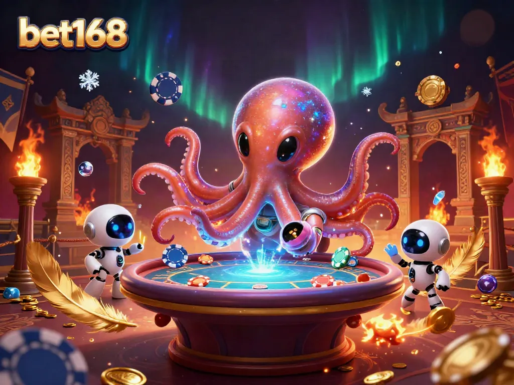Engage in high-stakes action with bet168 at a holographic poker table amidst cosmic visuals.