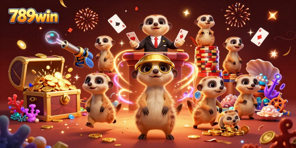 Experience the excitement of 789win's casino with animated meerkats amidst lively game elements.
