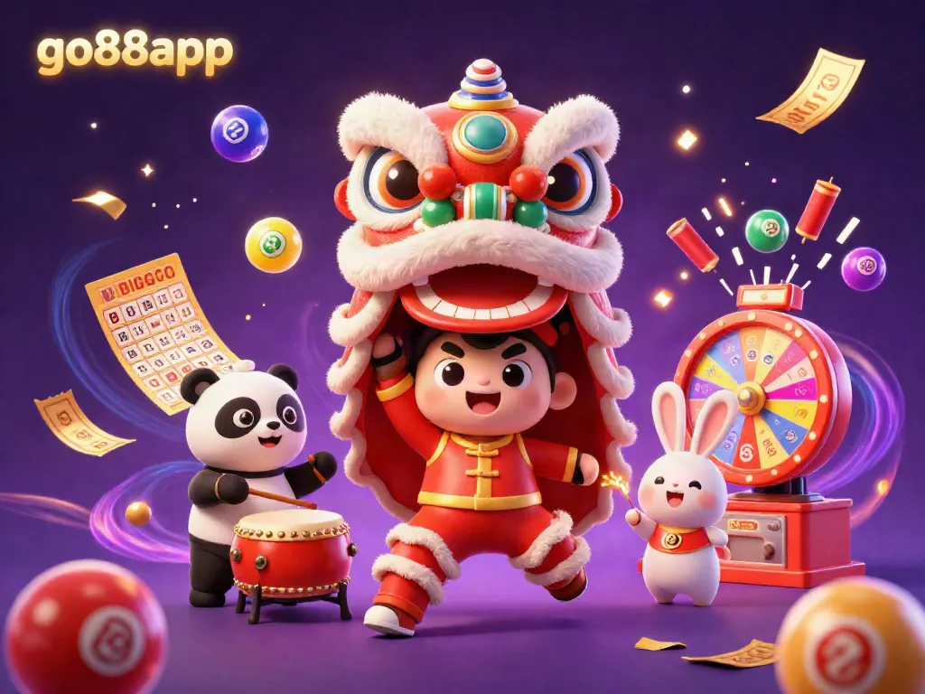Engage with exciting games at go88app with a lively lion dance scene featuring dynamic elements.