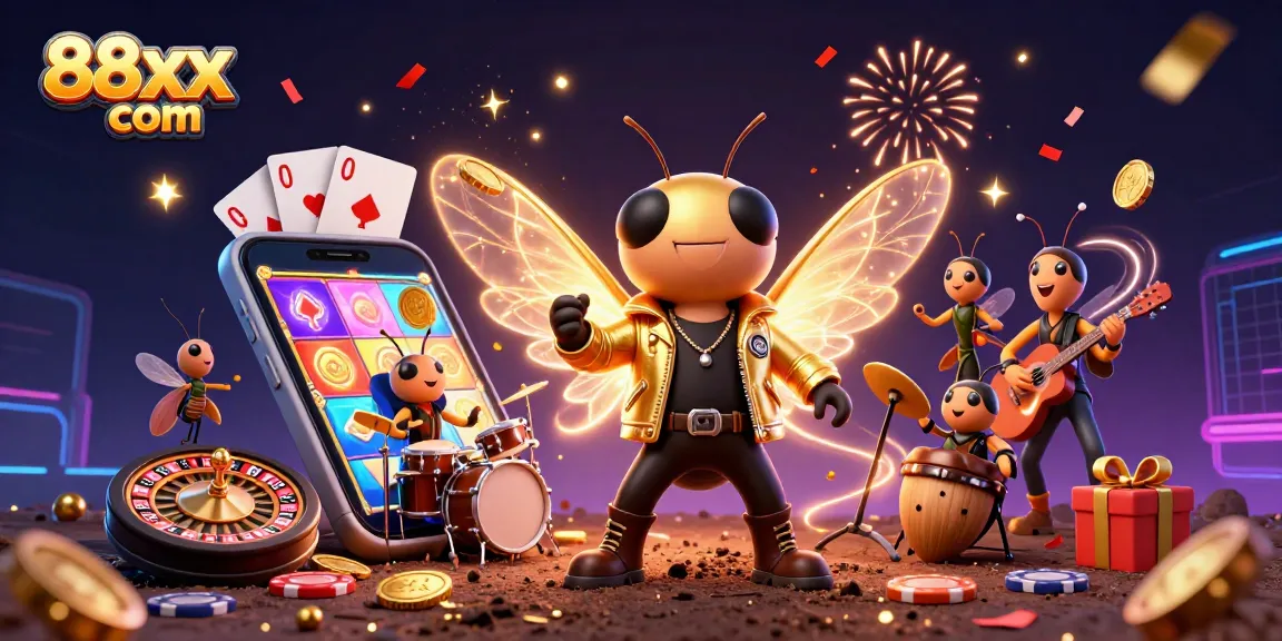 Engage in thrilling casino games with 88xx com's vibrant illustrations featuring a rock star cicada and dynamic gaming elements.