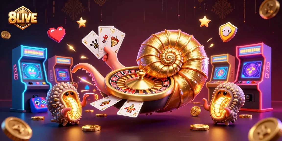 Engage in the thrilling world of 8LIVE with a vibrant 3D casino illustration featuring a nautilus roulette wheel.
