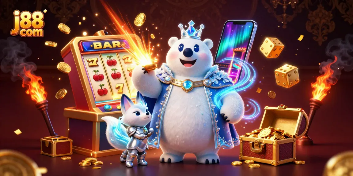 Win big with j88 com in this 3D casino scene featuring a polar bear and a snow fox.