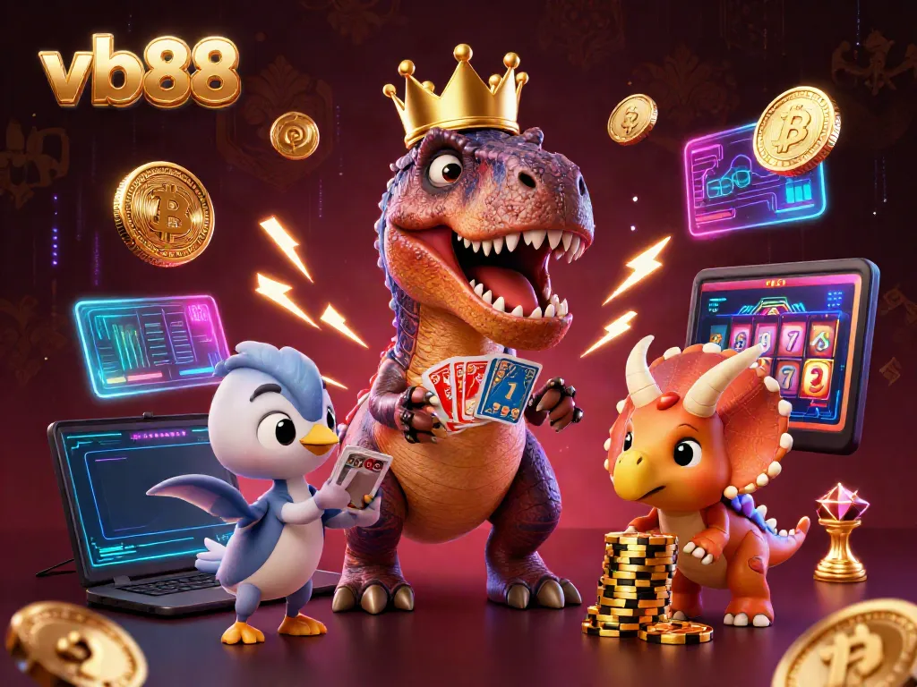 VB88 online casino features playful characters like T-Rex and baby triceratops in a vibrant gaming atmosphere.