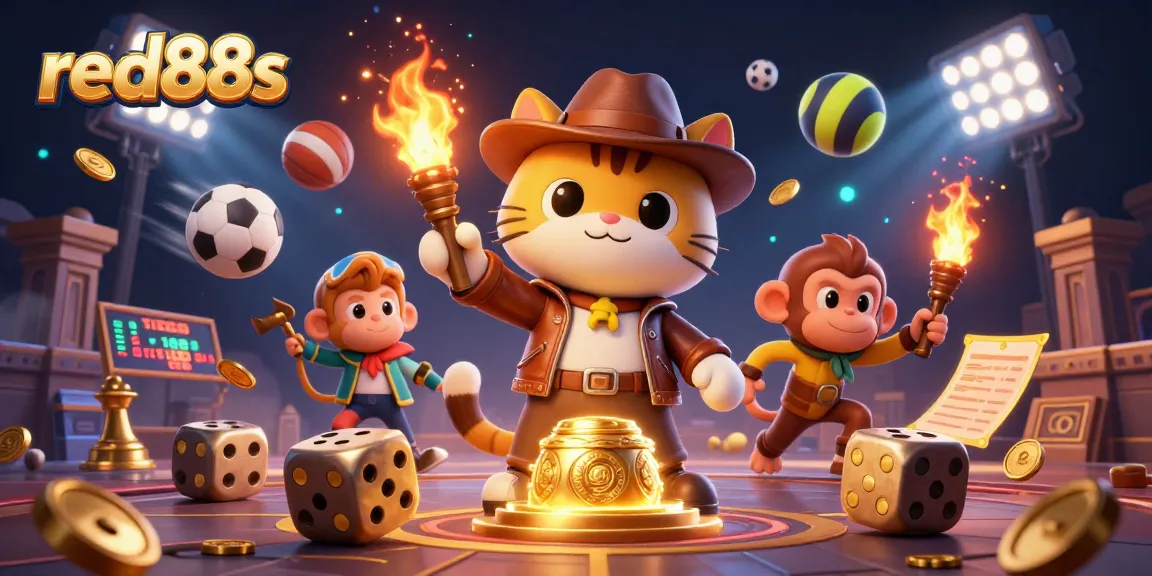 Experience thrilling action with red88s at a dynamic casino adventure scene featuring a cat explorer and monkey.